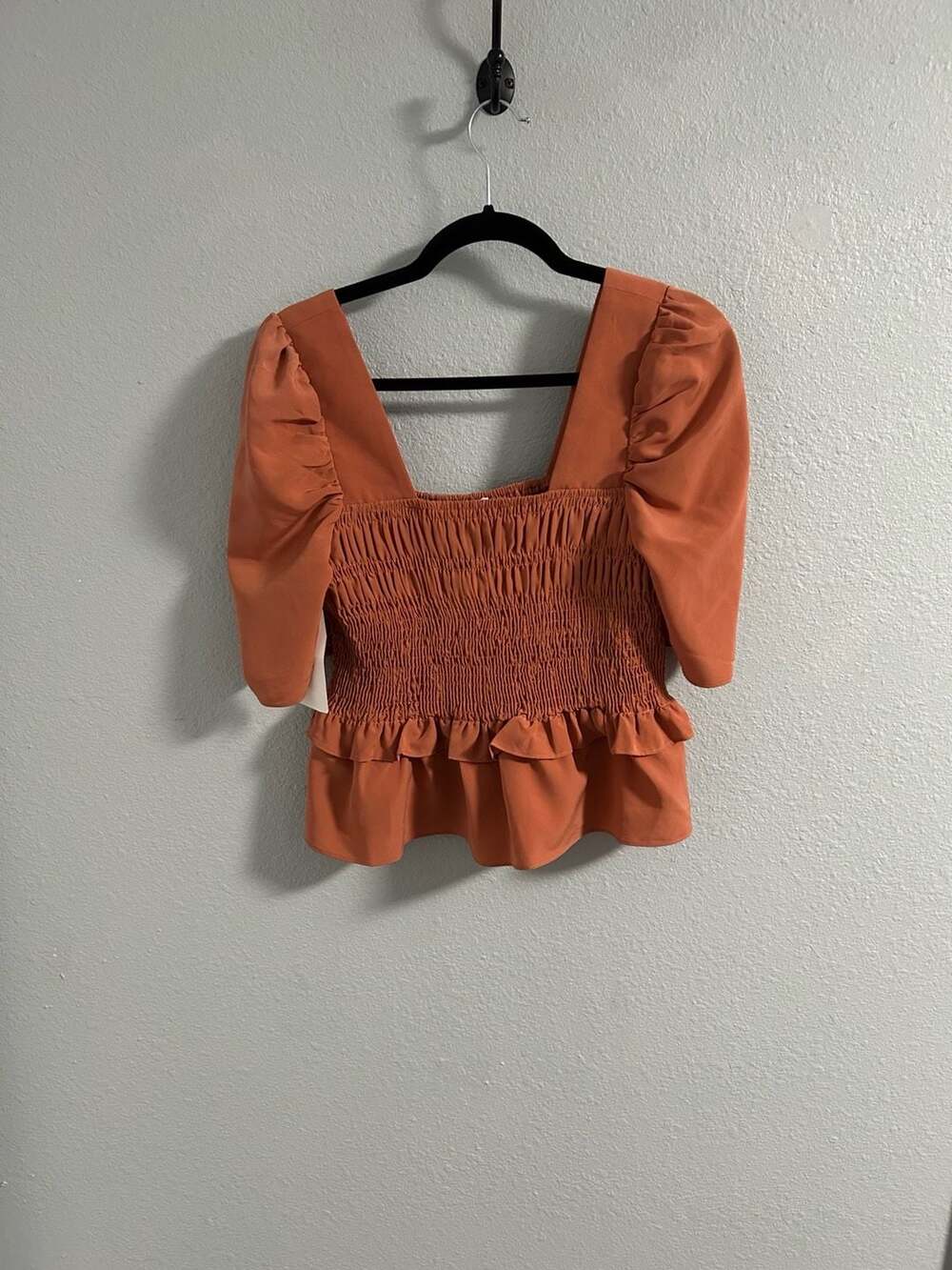 EN CREME Smocked Puff Sleeve Peplum Blouse Rust